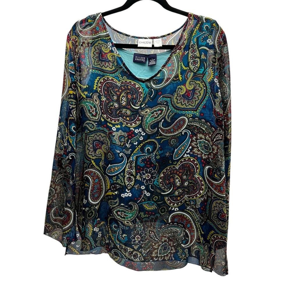 Chico's 100% Silk Paisley Print Top With Added Tank Size 2 US Women's Size Large